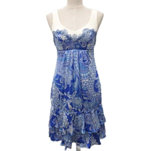 【中古】ブル米国海兵隊員 Blumarine 衣装 ノースリーブ ミモレ ロング 花柄 総柄 青 青味 象牙色 ■IBO96