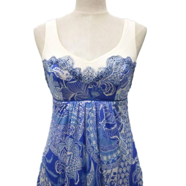 【中古】ブル米国海兵隊員 Blumarine 衣装 ノースリーブ ミモレ ロング 花柄 総柄 青 青味 象牙色 ■IBO96