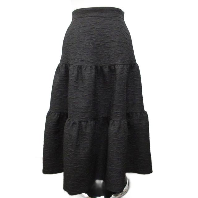 【中古】アベニールエトワール 美品 ギャザー切替ジャガードフレアスカート ミモレ ロング 36 黒 ブラック S443-015