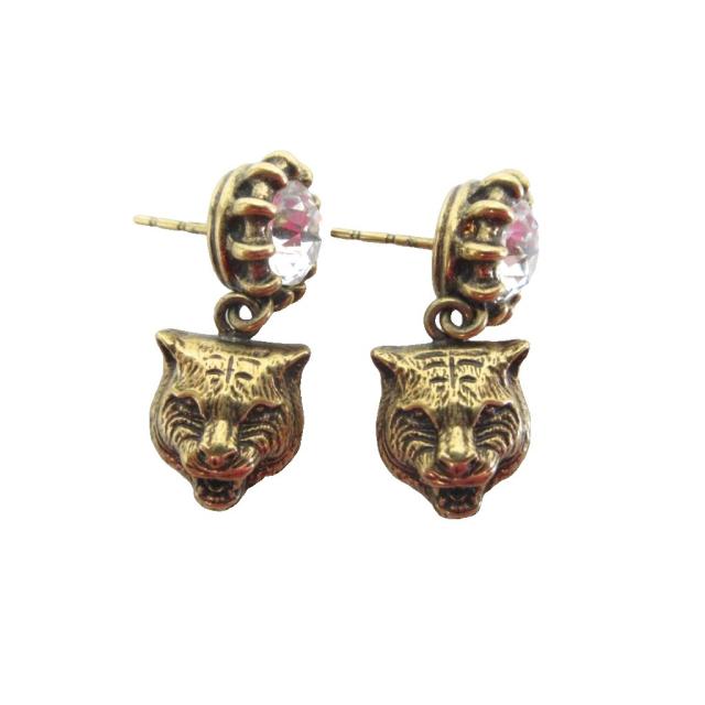 【中古】グッチ GUCCI ピアス 虎 キャットヘッド 生産ライン石ころ ビジュー 付属品 ゴールド色合い