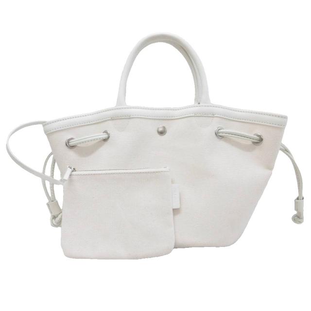【中古】トゥティエ TOUT Y EST SAC COQUILLE トートバッグ キャンバス レザー切替 ポーチ付き アイボリー