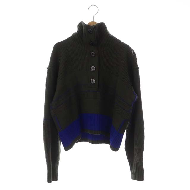 【中古】サカイ sacai ロゴ ハイネック ニット セーター 長袖 ボーダー 1 チャコール 青 /ES ■OS ■SH レディース