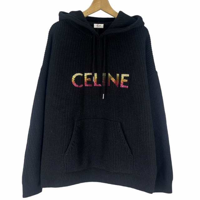 【中古】未使用品 セリーヌ CELINE 22AW グラデーション ロゴ スパンコール ウール ニット パーカー XL 黒 2A10X66Q