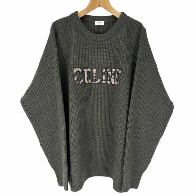 【中古】未使用品 セリーヌ CELINE 22AW ウール ニット レオパードロゴ 刺? XL カーキ 2AB97650S メンズ