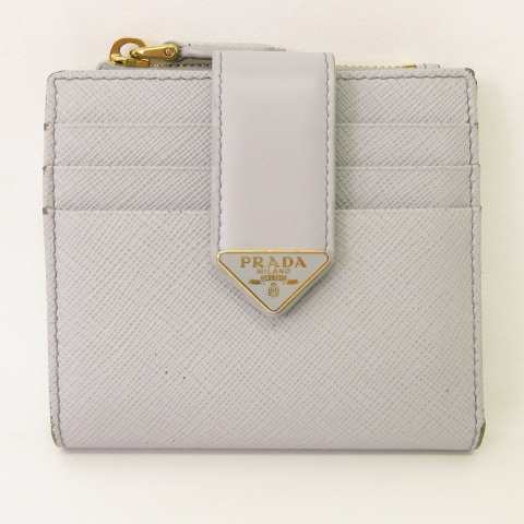 【中古】プラダ PRADA 1ML047 サフィアーノレザー 二つ折り財ZA布 コンパクト ショートウォレット グレー系 水色 レディース