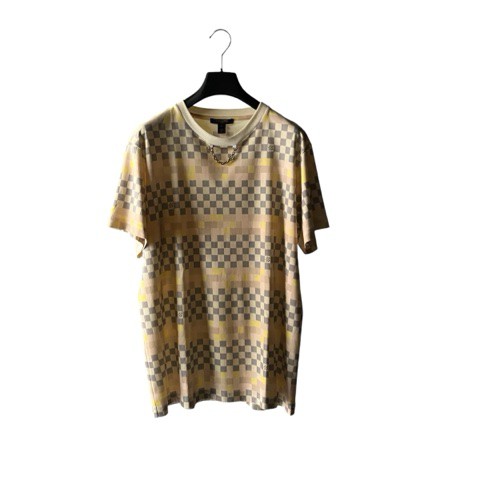 【中古】ルイヴィトン LOUIS VUITTON ピクセルダミエ ゴールド チェーン 装飾 半袖 Tシャツ XL ベージュ RW222W NX8