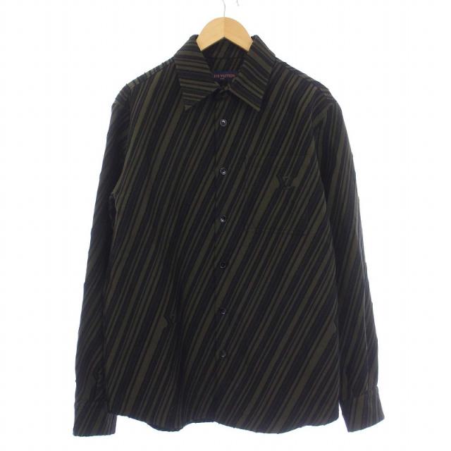 【中古】ルイヴィトン LOUIS VUITTON ジャガード シャツ 長袖 ストライプ LVロゴ M カーキ ネイビー 紺 メンズの通販は 60,500円