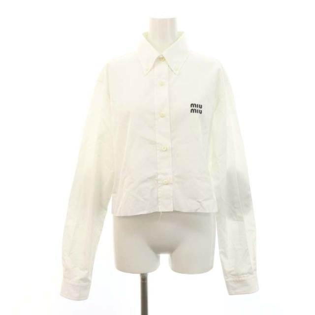 【中古】ミュウミュウ miumiu ロゴ刺繍 エルボーパッチ クロップド ポプリン シャツ 38 S 白 ホワイト MK1708の通販は