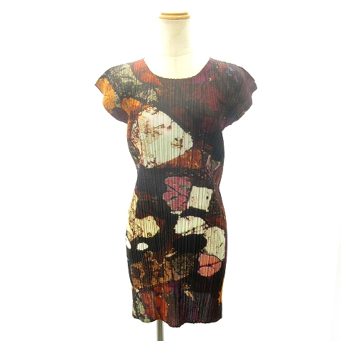 【中古】プリーツプリーズ PLEATS PLEASE 美品 ワンピース チュニック ひざ丈 総柄 マルチカラー 3 L PP41-JT526