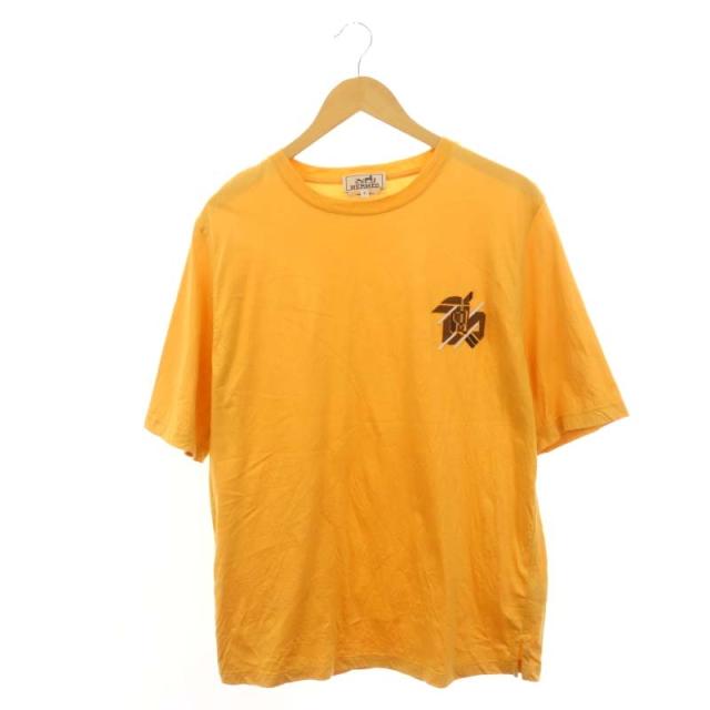 【中古】エルメス HERMES Leather Detail ロゴTシャツ カットソー 半袖 クルーネック S オレンジ /AT ■OS メンズ