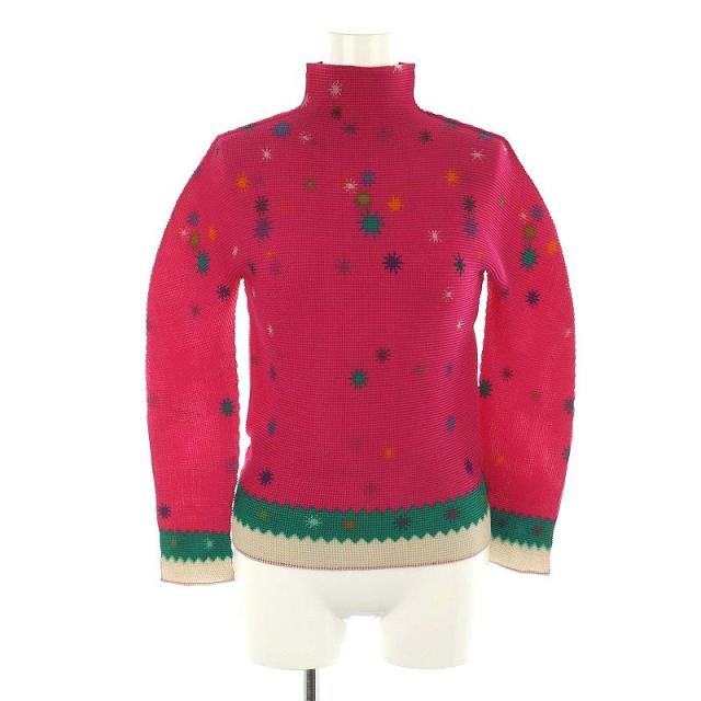 【中古】ミーイッセイミヤケ ストレッチプリーツ 長袖 ハイネック 柄 カットソー ワインレッド マルチカラー