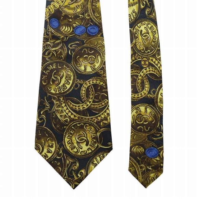中古】シャネル CHANEL ネクタイ ワイドタイ 総柄 ロゴ ココマーク 絹  