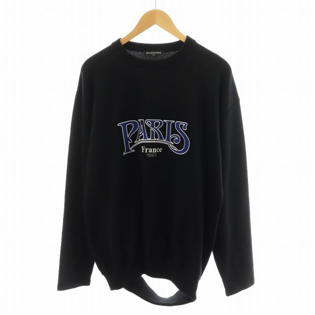 【中古】バレンシアガ BALENCIAGA ニット セーター 長袖 カッティング PARIS刺繍 M 黒