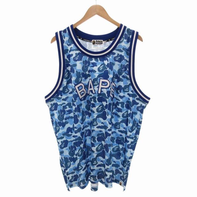 【中古】アベイシングエイプ A BATHING APE ゲームシャツ ナンバリング 88 ロゴ 刺繍 迷彩 ノースリーブ 2XL 青 白