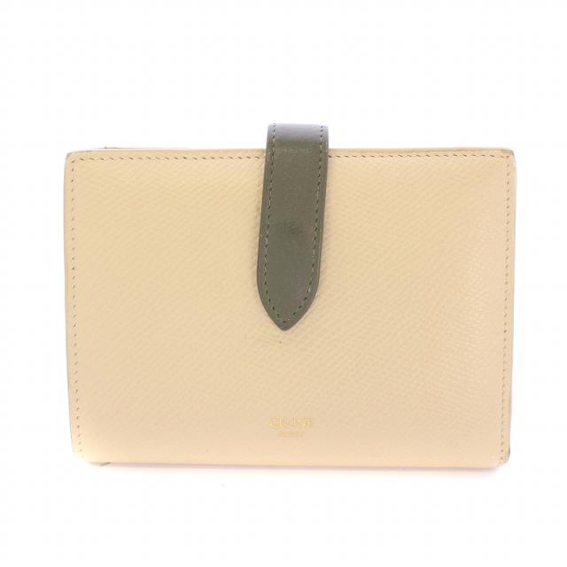【中古】セリーヌ CELINE Medium Strap Wallet ミディアムストラップウォレット 二つ折り財布 ベージュ カーキ