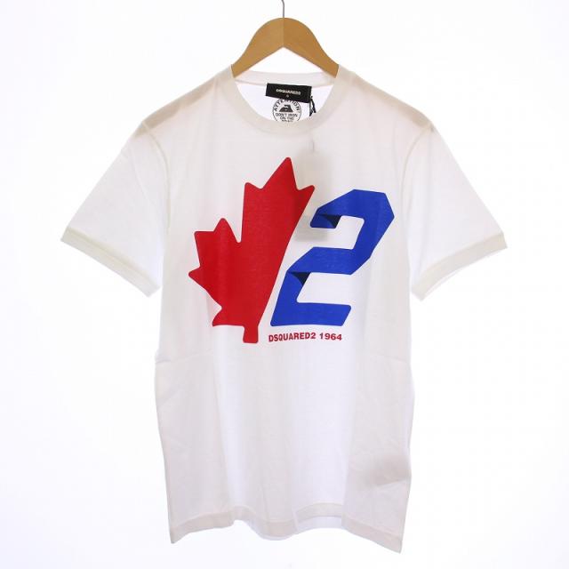 【中古】未使用品 DSQUARED2 リーフロゴ Tシャツ 半袖 クルーネック ロゴ プリント S 白 ホワイト タグ付き S74GD0756