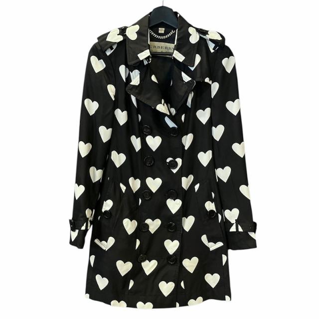 【中古】バーバリー BURBERRY シルク混 トレンチコート ミドル丈 ハートパターン ケンジント 38 ブラック ホワイト