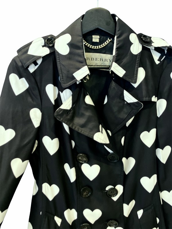 【中古】バーバリー BURBERRY シルク混 トレンチコート ミドル丈 ハートパターン ケンジント 38 ブラック ホワイト 中古】バーバリー BURBERRY シルク混 トレンチコート ミドル丈 ハート