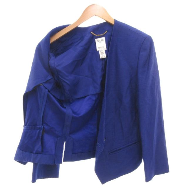 【中古】セリーヌ CELINE セットアップ フォーマル ジャケット ロゴボタン 背抜き ダブル スカート 40 XL 青 ブルー 春夏 /AE ■GY47_3