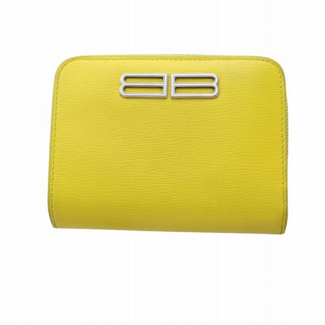 【中古】バレンシアガ BALENCIAGA 二つ折り財布 ウォレット ラウンドファスナー レザー ロゴ 黄 イエロー