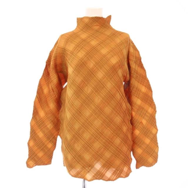 【中古】イッセイミヤケ ISSEY MIYAKE カットソー 長袖 ハイネック チェック柄 プリーツ ストレッチ M