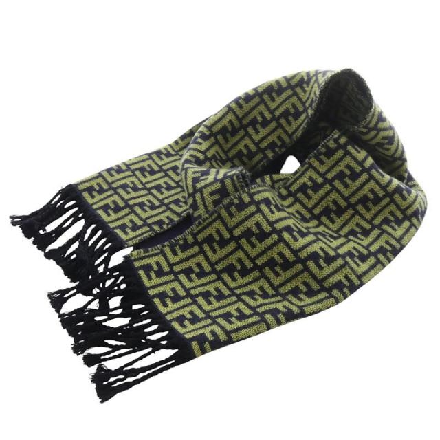 【中古】フェンディ FENDI ズッカ柄 ウール マフラー 紺 ネイビー 黄色 イエロー /SR17 ■OH レディース