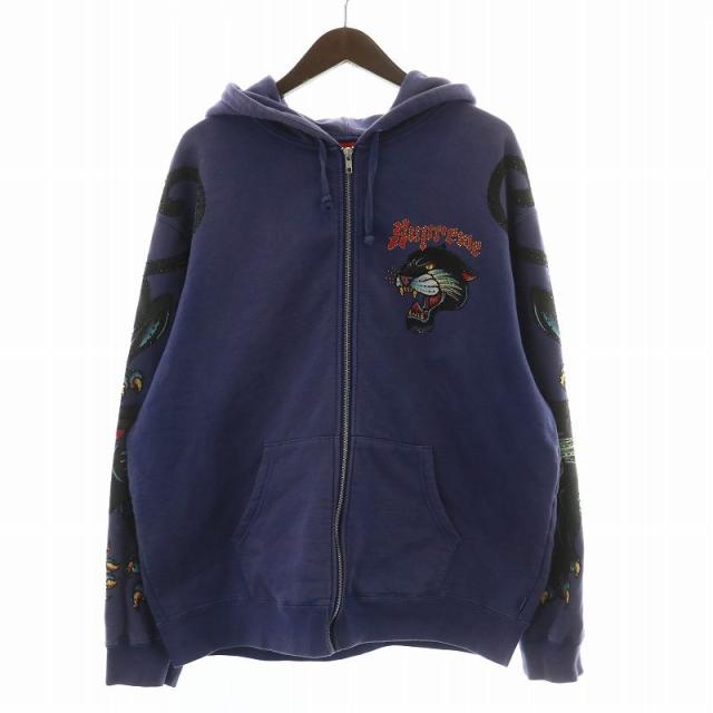 【中古】SUPREME 21ss Panther Zip Up Hooded Sweatshirt パーカー スウェット 長袖 裏起毛 ラインストーン L 紫