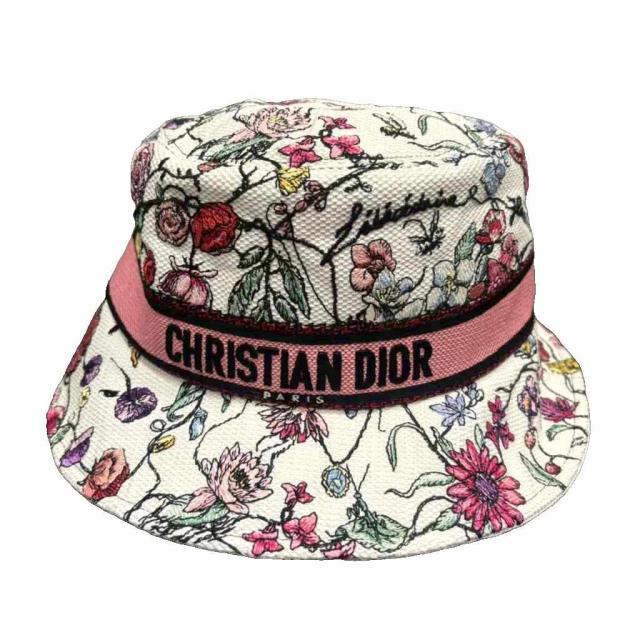 【中古】クリスチャンディオール Christian Dior D-Bobby 帽子 バケットハット 花柄 白 ホワイト マルチカラー