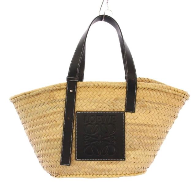 【中古】ロエベ LOEWE ミディアムバスケットバッグ かごバッグ カゴバッグ ハンドバッグ ロゴ 編み込み ベージュ 黒