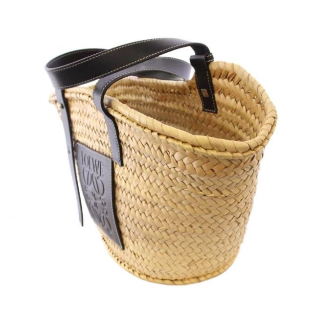 【中古】ロエベ LOEWE ミディアムバスケットバッグ かごバッグ カゴバッグ ハンドバッグ ロゴ 編み込み ベージュ 黒_1