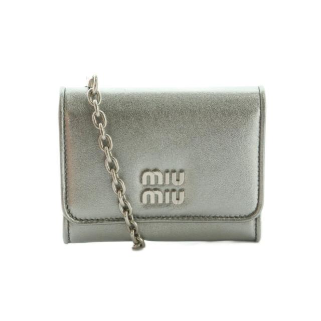 【中古】miumiu チェーンウォレット コインケース 小銭入れ 二つ折り 羊革 レザー シルバーカラー 5MR030 /MI