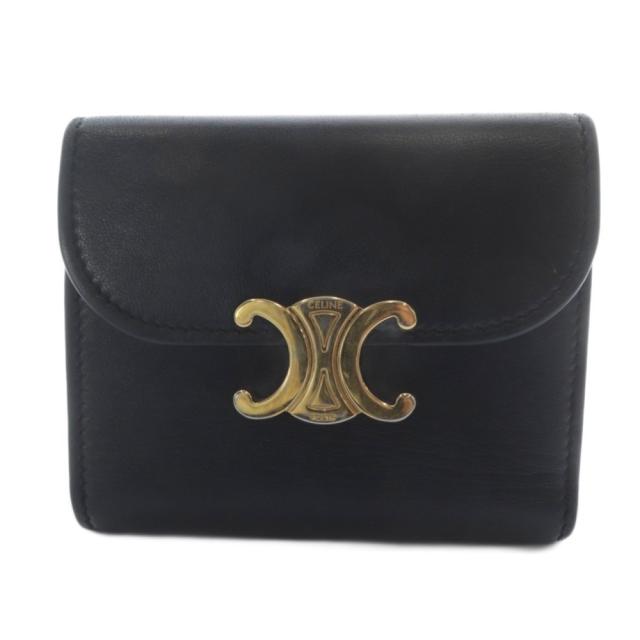 【中古】セリーヌ CELINE スモール フラップウォレット トリオンフ シャイニーカーフスキン 財布 三つ折り ブラック