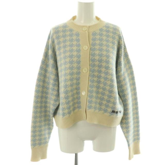 【中古】ミュウミュウ miumiu MMF651 カシミヤ ロゴ刺繍 千鳥格子 カーディガン ニット 長袖 38 水色 アイボリー