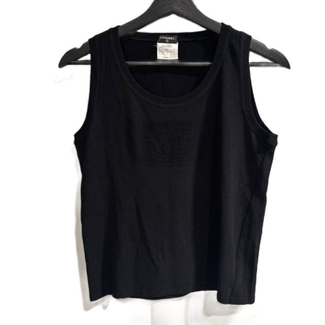 【中古】シャネル CHANEL 04C 美品 ニット カットソー ココマーク ノースリーブ 黒 ブラック 42 約M レディース