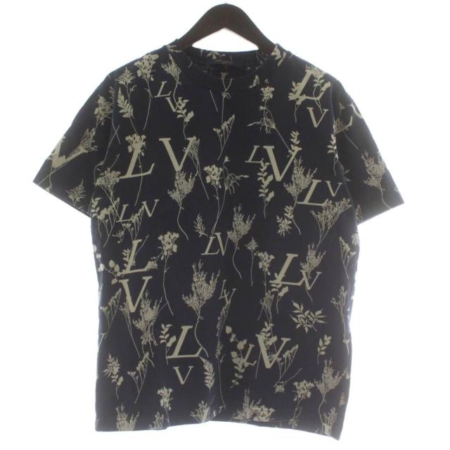 【中古】ルイヴィトン LV リーフディスチャージ Tシャツ カットソー 半袖 ロゴ総柄 M 紺 ベージュ RM202M UYM HJY04W