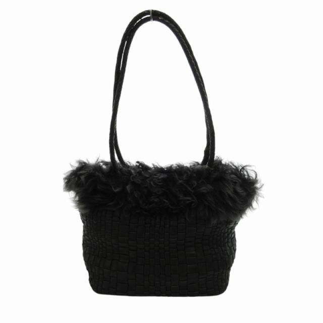 【中古】ファロルニ FALORNI ハンドバッグ メッシュレザー 編み込み ファー 黒 ブラック /HO◆ 1216 レディースの通販は 7,300円