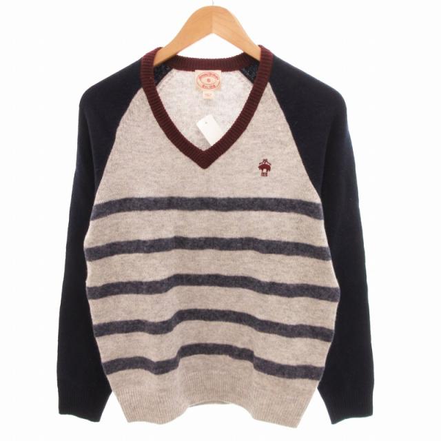 【中古】未使用品 ブルックスブラザーズ タグ付き ニット セーター ボーダー Vネック ロゴ 刺繍 ウール S グレー系の通販は 5,394円