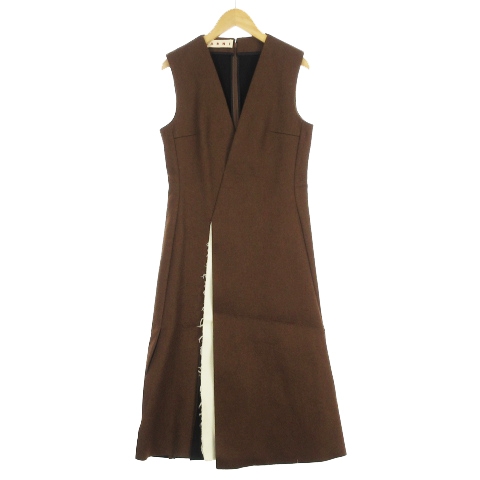 【中古】マルニ MARNI 15AW ワンピース ノースリーブ ロング Vネック スリットデザイン ウール混 茶 ブラウン 38
