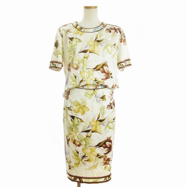 【中古】レオナール FASHION セットアップ カットソー 半袖 スカート ひざ丈 コットン 花柄 総柄 ベージュ LL ■SM3の通販は