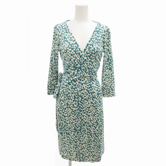 【中古】ダイアンフォンファステンバーグ ラップワンピース 巻き 総柄 絹 シルク ロング 七分袖 0 S 緑 白の通販は