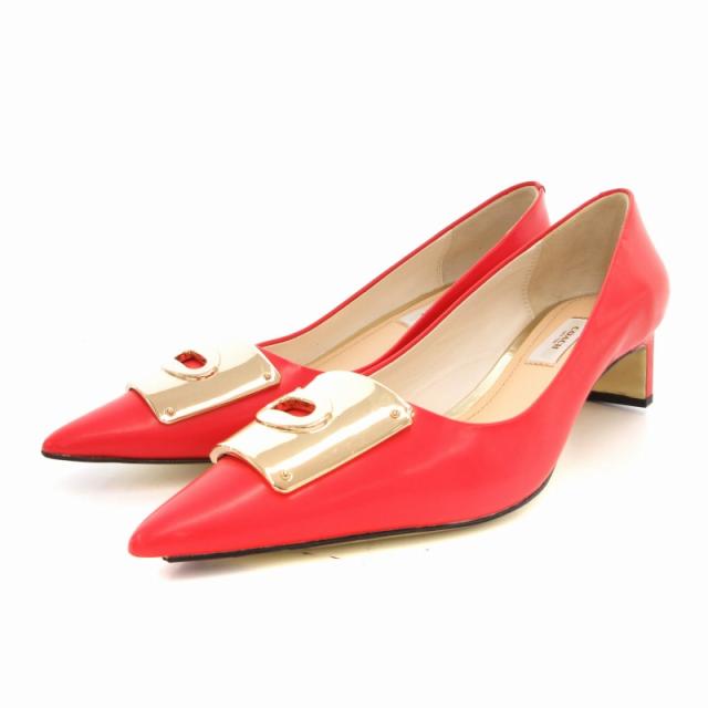【中古】コーチ COACH 美品 パンプス ミドルヒール ポインテッドトゥ プレート Q4015 赤 レッド 38 24cm ■GY18 の通販は 5,644円