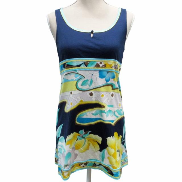 【中古】レオナール LEONARD FASHION 美品 ワンピース 花柄 切替 ロゴ ノースリーブ ミニ丈 M 紺 白 ネイビー 系