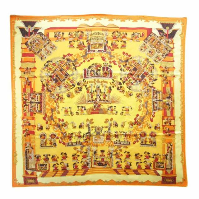 【中古】エルメス HERMES カレ90 ASTRES ET SOLEILS 天体と太陽 大判スカーフ シルク 総柄 イエロー オレンジ 系 0723 レディース