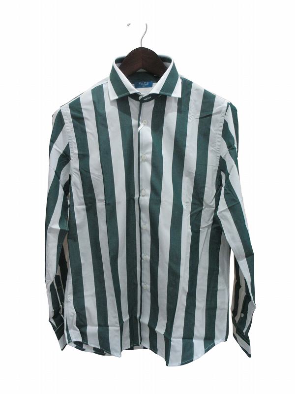 【中古】未使用品 FEFE 綿シャツ 長袖グリーンストライプ メンズ