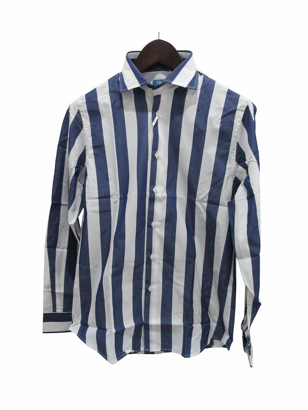 【中古】未使用品 FEFE 綿シャツ 長袖ブルーストライプ メンズ