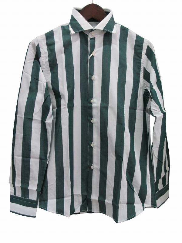 【中古】未使用品 フェフェナポリ FEFE napoli シャツ 長袖 ストライプ グリーン 39 メンズ