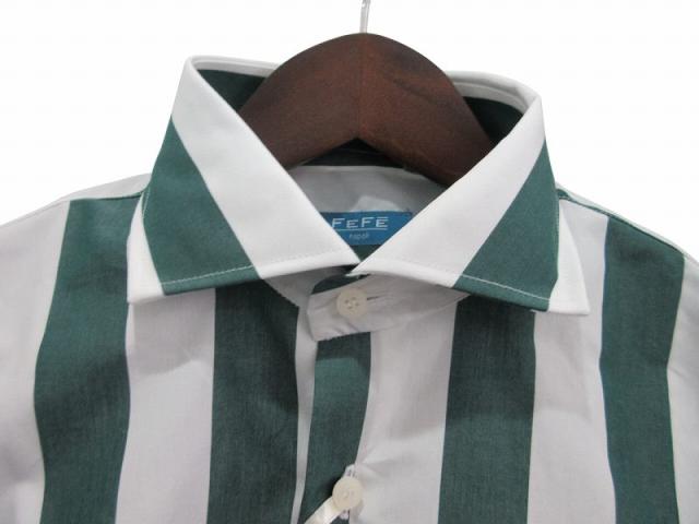 【中古】未使用品 フェフェナポリ FEFE napoli シャツ 長袖 ストライプ グリーン 39 メンズ_1