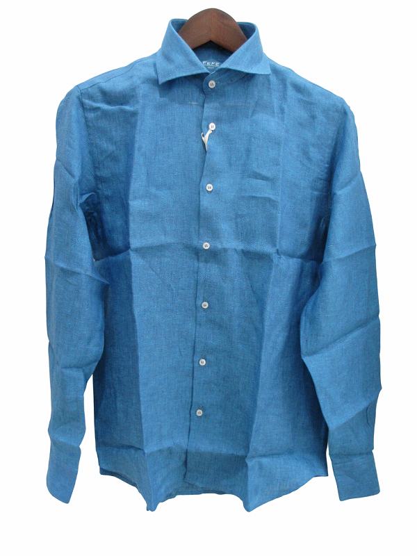 【中古】未使用品 フェフェナポリ FEFE napoli シャツ 長袖 リネン ターコイズブルー 39 メンズ