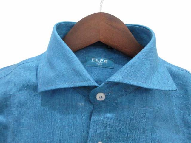【中古】未使用品 フェフェナポリ FEFE napoli シャツ 長袖 リネン ターコイズブルー 39 メンズ_1