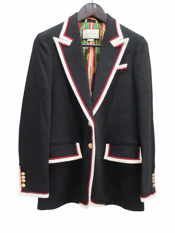 【中古】グッチ GUCCI ジャケット テーラードジャケット パイピング 金ボタン ブラック 42 レディース